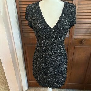 Parker Serena Black Sequined Silk V-Neck Mini Dress Size 6